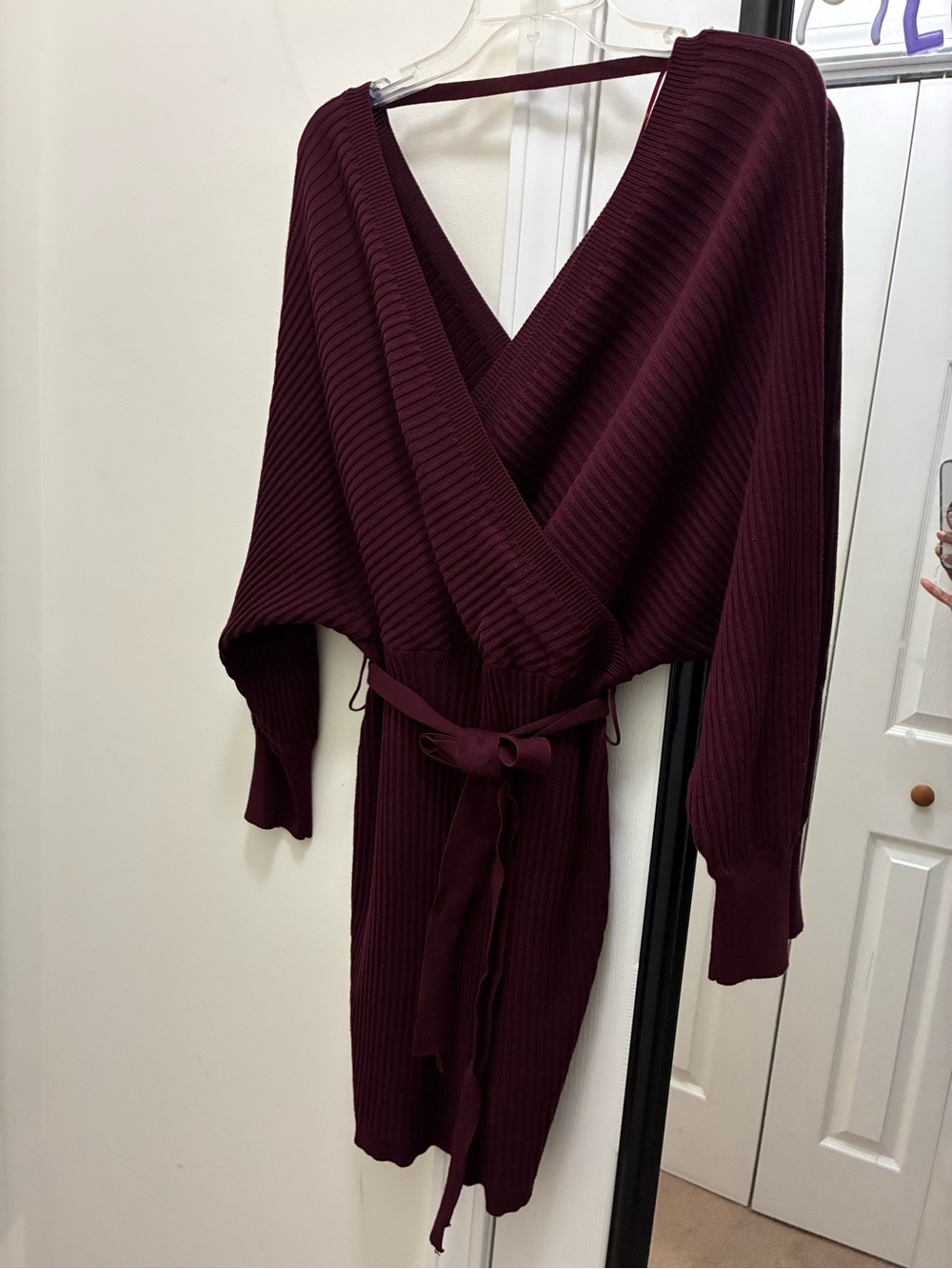 Ribbed V-Neck Tie-Waist Sweater Dress - Burgundy